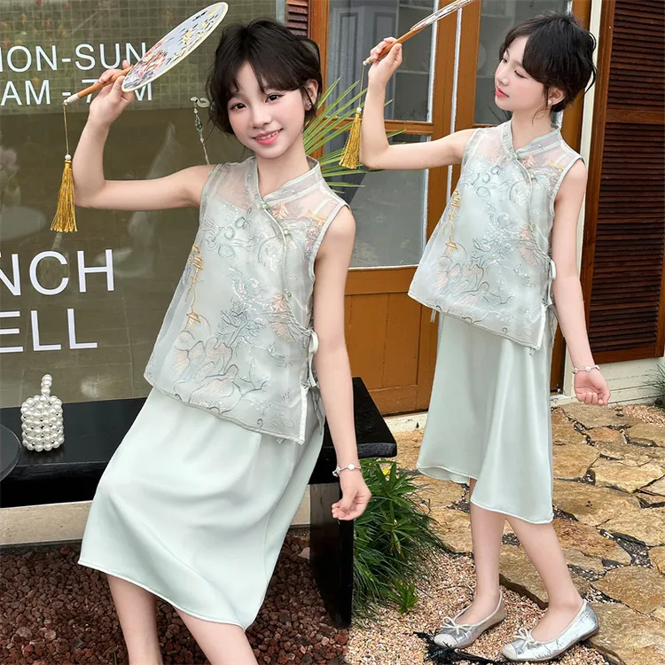 女童夏季新中式国风套装2025新款大童唐装汉服连衣裙儿童夏天裙子