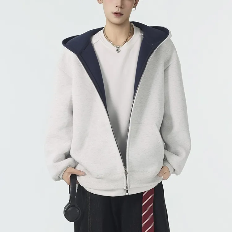 双11秋冬季连帽卫衣外套百搭潮牌拼色上衣重磅宽松休闲双拉链开衫