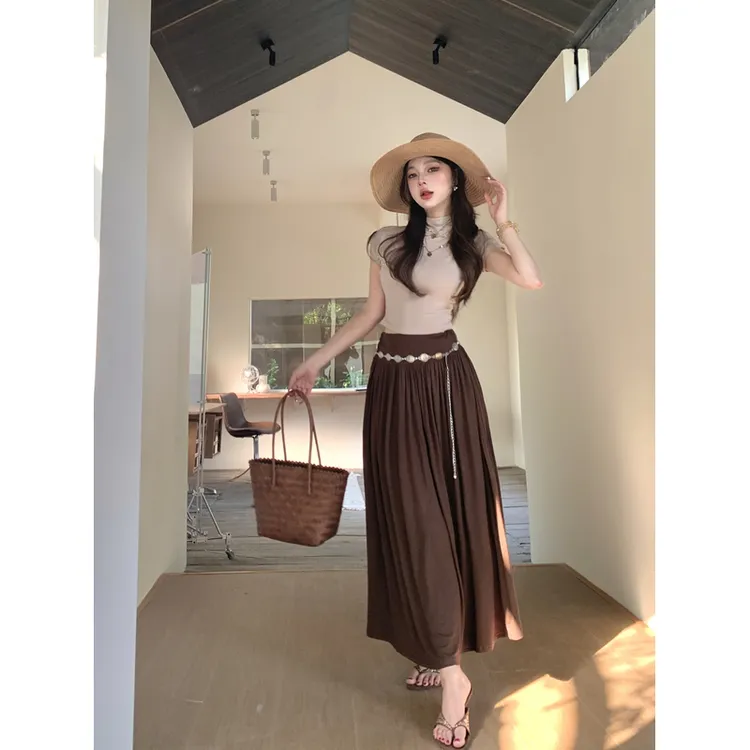 2025新款法式气质半高领修身T恤上衣+半身裙长裙时尚套装送腰带女