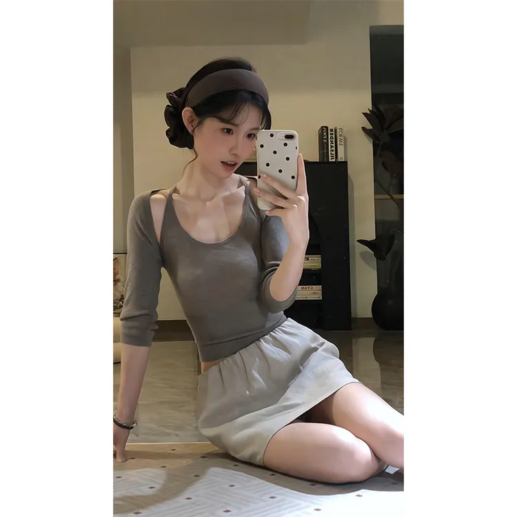 2025新款女士夏季韩系显瘦短款长袖开衫吊带背心上衣高腰半身裙