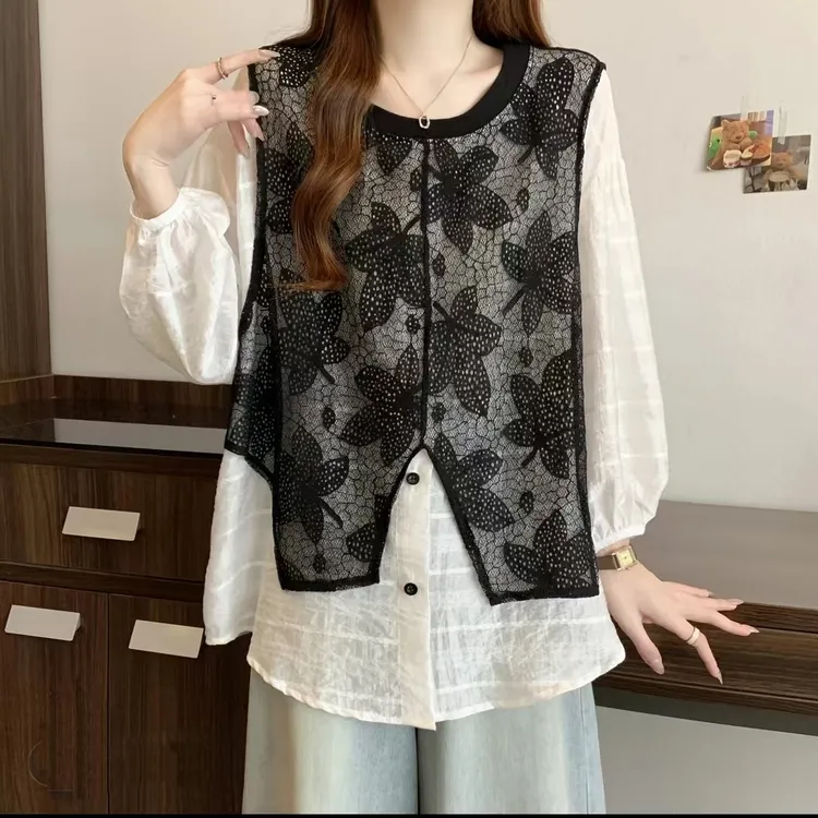 岚岚大码高端提花网纱马甲拼接假两件宽松七分泡泡袖上衣5307