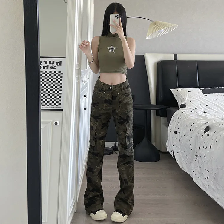 裤长110cm 美式复古迷彩多口袋牛仔工装裤女嘻哈加长高个子微喇裤