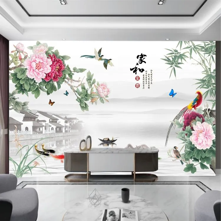 炎夏3D碳晶板亮光牡丹花背景画墙定制尺寸