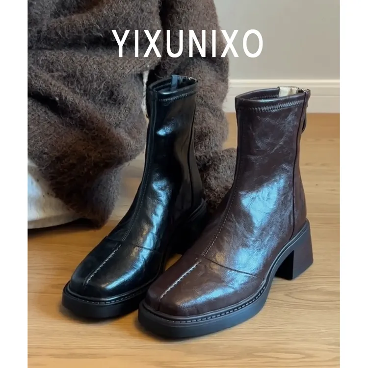 羊皮版！法式高跟复古马丁靴女加绒瘦瘦靴英伦风厚底靴子弹力靴
