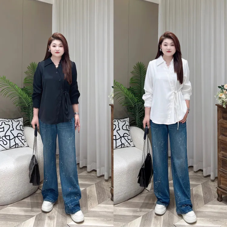 【上新上衣】PMM82165秋季新款收腰绑带气质带花边女装大码衬衫