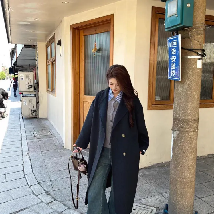 冬款双面羊毛大衣经典西装领长款大衣气质韩版宽松显瘦高级感外套