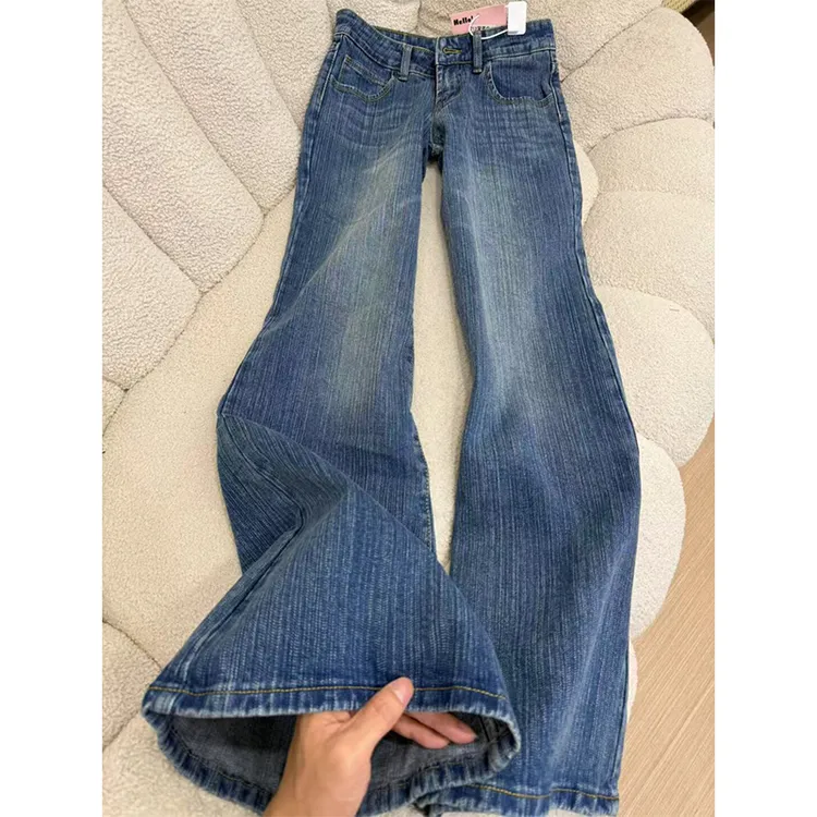 高个子新款美式深蓝色垂感牛仔裤女夏季显瘦竹节纹低腰微喇直筒裤