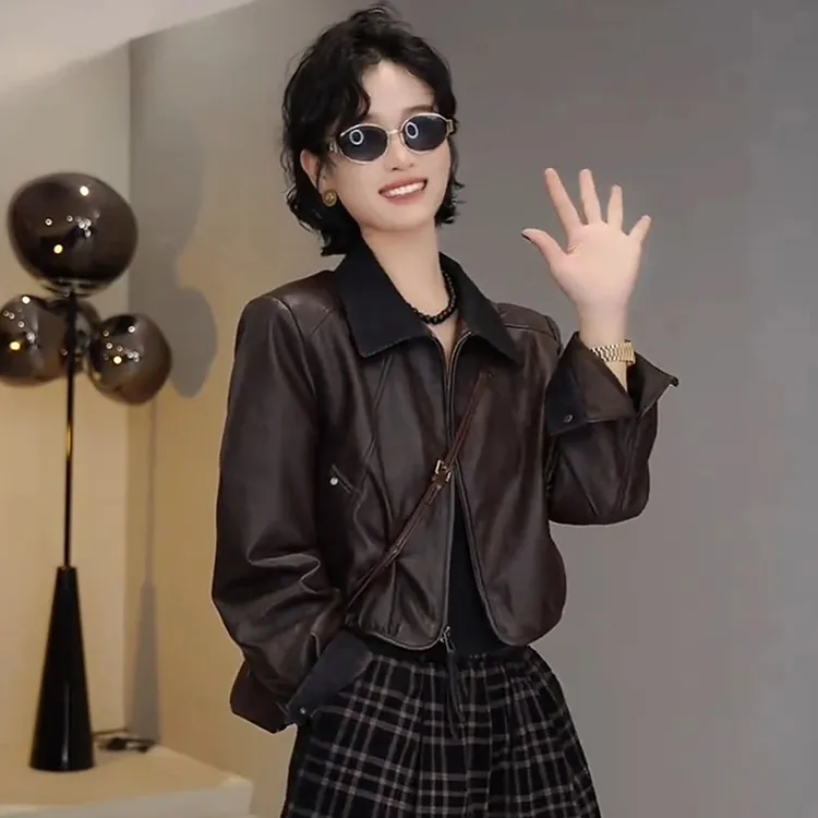拉夏贝尔皮衣外套女2025秋季新款显瘦短款小个子撞色机车夹克上衣