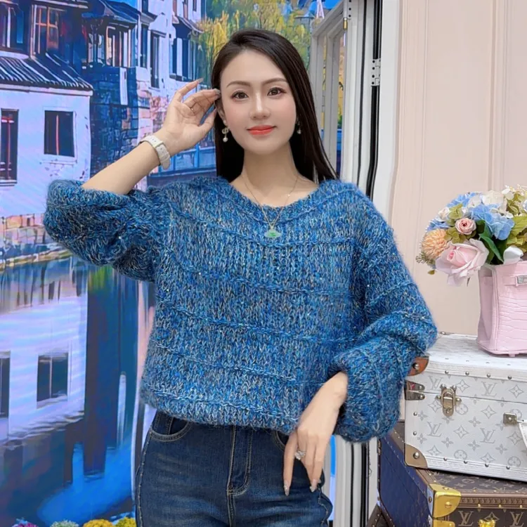 复古慵懒风蓝色毛衣女秋冬季2025新款宽松套头圆领针织衫上衣