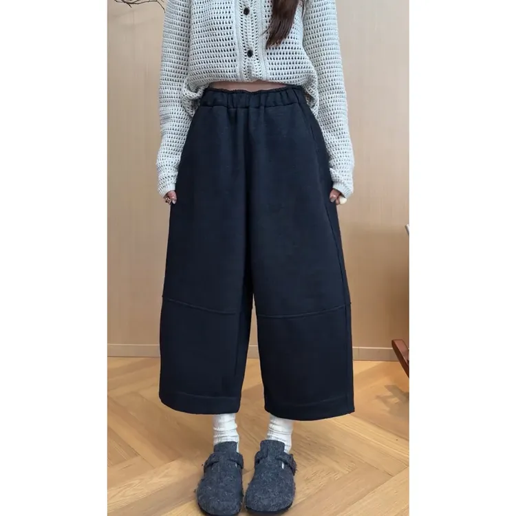 艾塔莉韩版松紧腰休闲裤秋季女毛呢质感百搭阔腿裤子小个子哈伦裤
