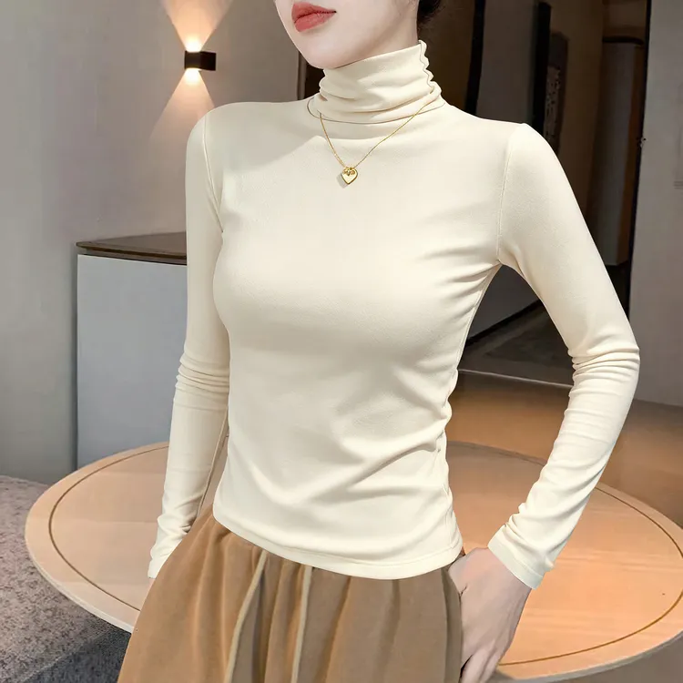 杏色长袖高领打底衫女秋冬内搭2025新款修身加厚磨毛保暖洋气上衣