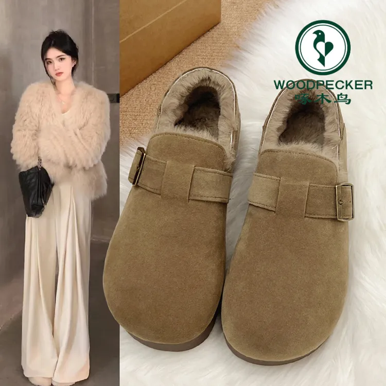 啄木鸟加绒全包复古勃肯鞋女秋冬2025新款秋冬一脚蹬毛毛鞋雪地靴