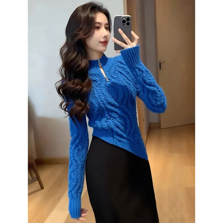 2025冬季新款爆款洋气女装巨好看法式气质别致蓝色不规则毛衣上衣