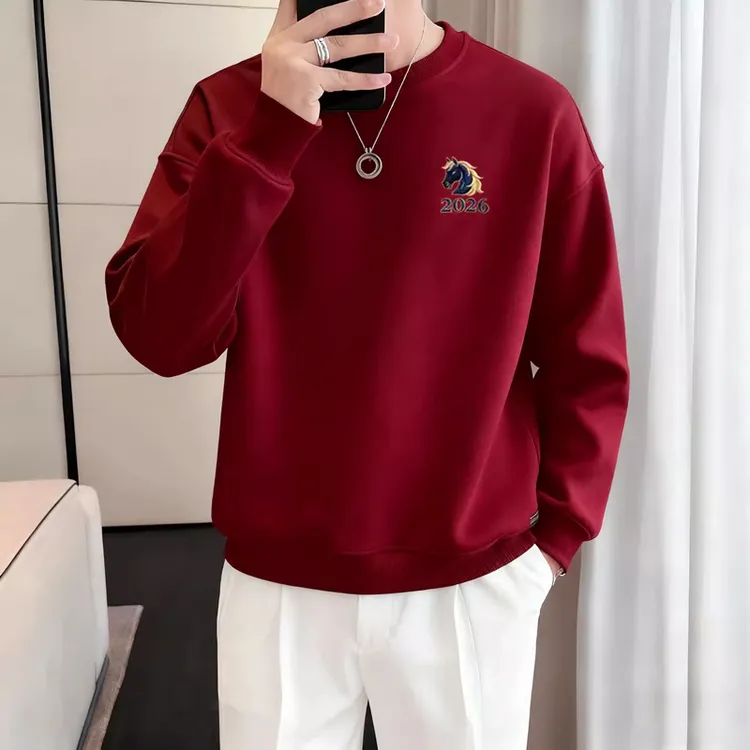 仓石一树酒红色圆领卫衣男2026马年本命年刺绣秋冬季加绒青年上衣