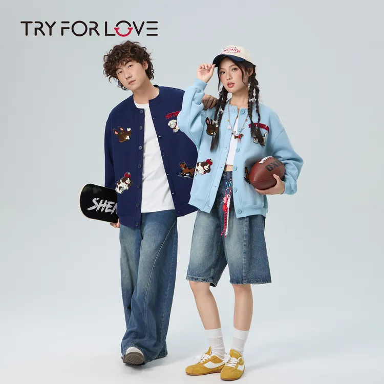 TRYFORLOVE秋冬新款情侣卫衣外套小狗刺绣日韩卫衣休闲卡通开衫