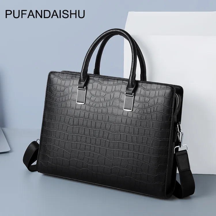 新款时尚男士商务公文包鳄鱼纹手提包男文件电脑包密码锁高档欧美