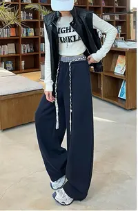 H6280 高腰编织抽绳阔腿裤女春秋垂感宽松休闲拖地直筒裤8619