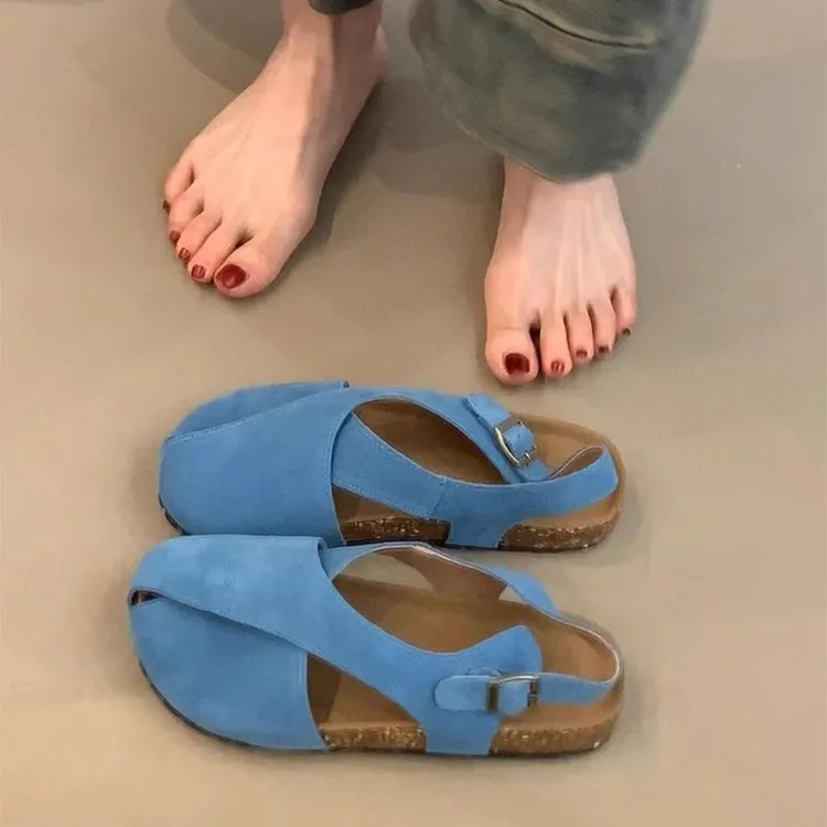 夏季新款磨砂质感交叉带一字扣圆头平底复古风女凉鞋时尚百搭外穿