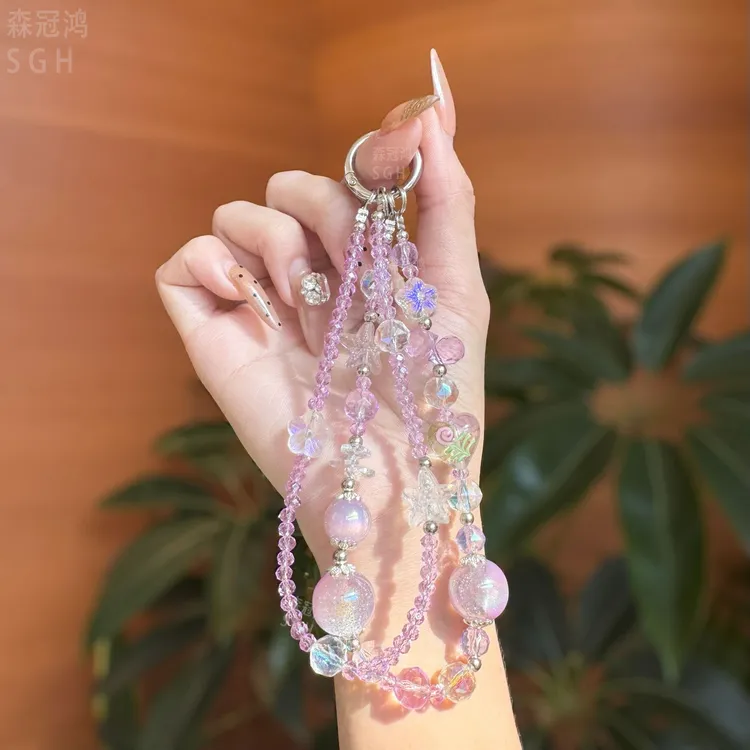 时尚风奢华流苏短款手腕挂绳水晶圆珠包包钥匙手机壳挂饰短款挂链