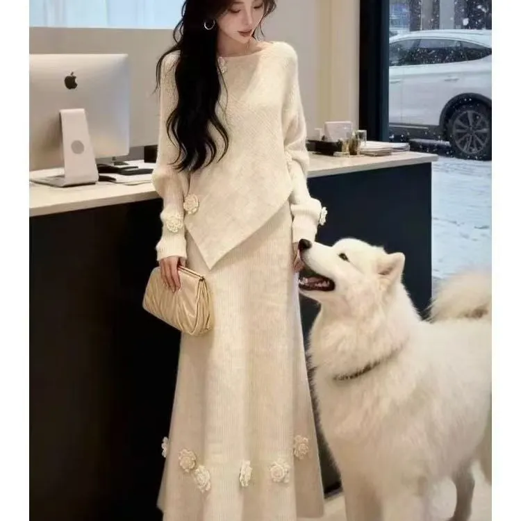 玥伊时尚白色毛衣套装裙女秋冬2025新款洋气减龄针织裙子两件套