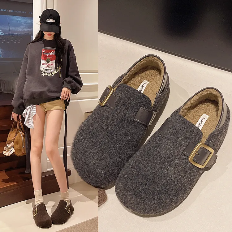 复古小金豆毛呢加绒勃肯鞋女2025新透气休闲鞋一脚蹬毛毛豆豆鞋
