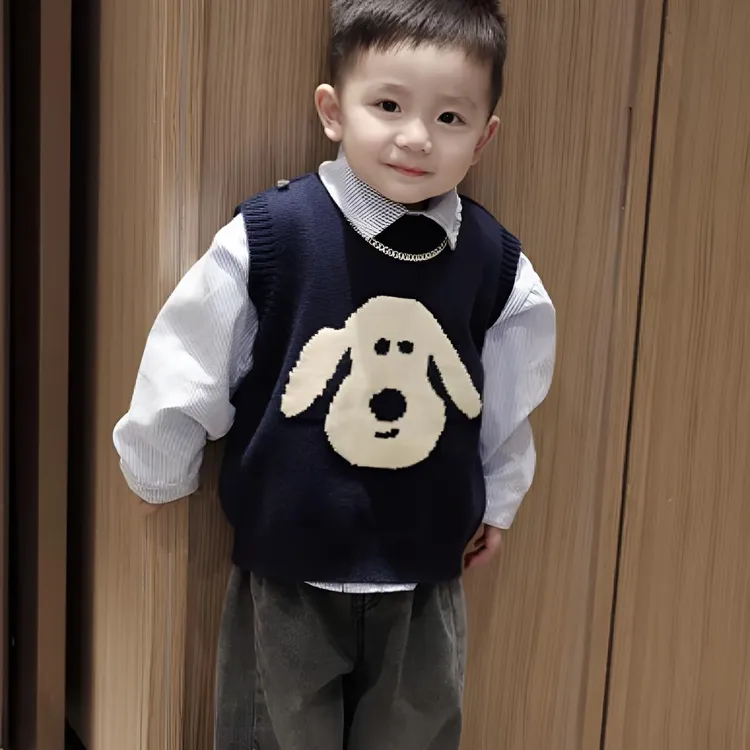 2024秋儿童韩版套头圆领卡通针织衫马甲学院风衬衫套装秋冬日系