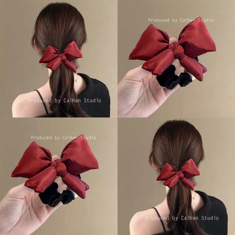酒红罗曼尼~气质充棉蝴蝶结发圈女高级感仿珍珠马尾发绳旅行发卡