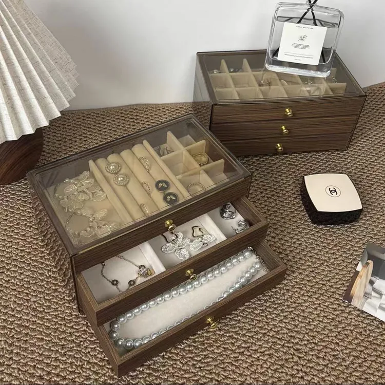 高档胡桃木纹多层项链手链戒指耳钉耳环饰品收纳首饰收纳盒