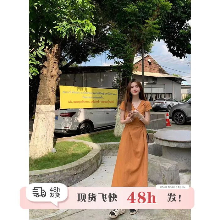 现货陳文文【南瓜橘调】夏季法式简约显白V领无袖收腰连衣裙L3534