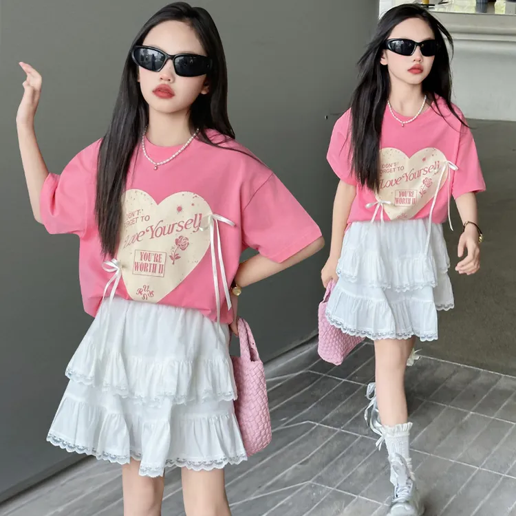 女童套装2025新款夏装洋气儿童短袖T恤中大童蛋糕半身裙两件套潮