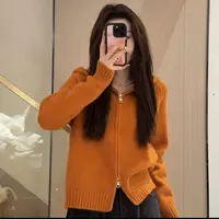 慵懒风连帽针织开衫女2024秋冬加厚双拉链百搭短款毛衣女外套上衣