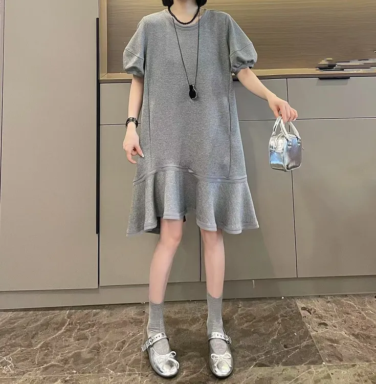 米可/MK-2208ZJ【花苞袖贴边拼接鱼尾连衣裙】时尚夏季新款连衣裙