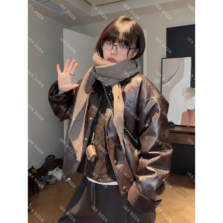 JIUJIU【野生诗人】复古美式翻领皮夹克宽松显瘦短款鹅绒服外套