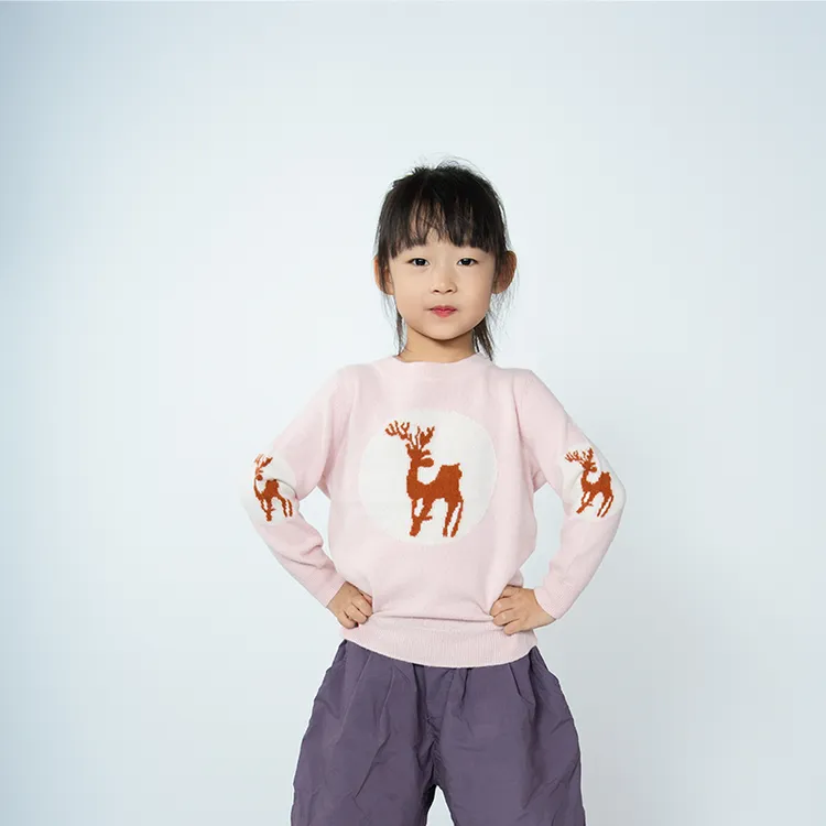 西安圣雪绒婉牧童装羊绒衫前后提花卡通小鹿图案100山羊绒套头衫