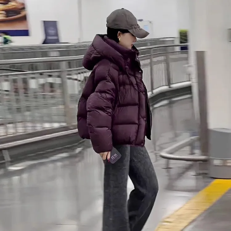 泡芙龟背紫色短款羽绒服女2025冬季新款90白鸭绒连帽面包服外套