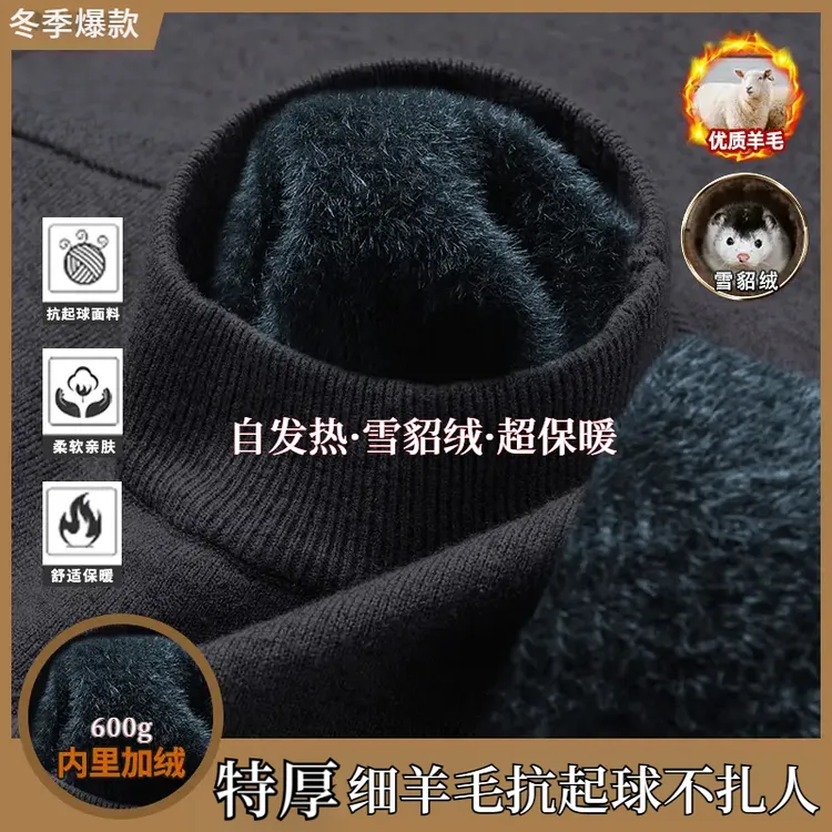 【加绒保暖】重磅特厚羊毛雪貂绒加厚男士半高领毛衣冬季加绒毛衣