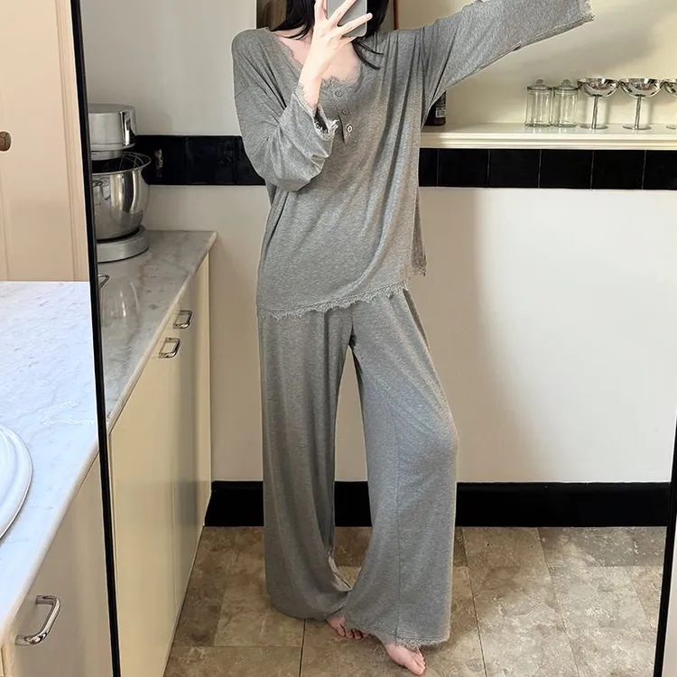 春秋季纯色睡衣女蕾丝纯欲风长袖长裤莫代尔秋天家居服睡衣秋款女