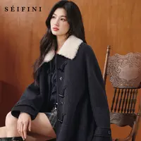 【牛角可露丽】诗凡黎100绵羊毛大衣羊羔毛领毛呢外套女7G9370261