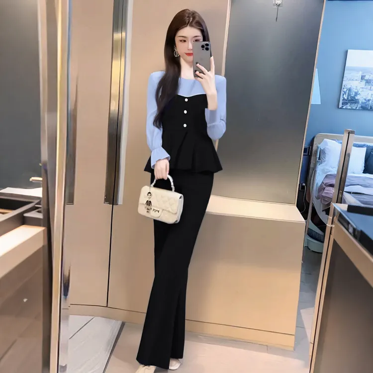 A【两件套】女装高级感好看小香风又a又飒拼色上衣裤子套装女D3547