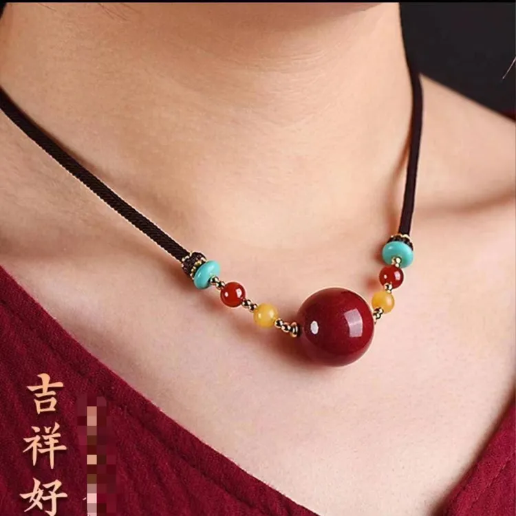 含辰砂工艺品16mm朱砂专运珠吊坠项链朱砂锁骨链