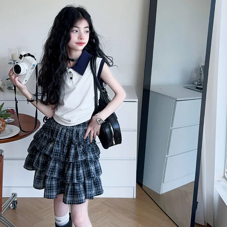 【现货】韩版百搭格子蛋糕裙2025新款半身裙宽松女童套装CSC2239