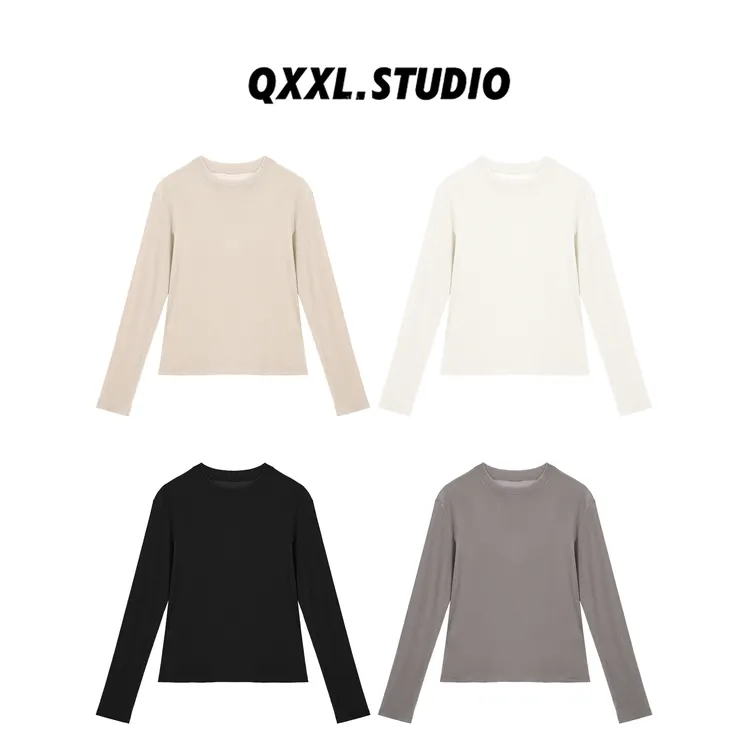 邱小小丽呀 冬季新款纯色圆领丝绒打底T恤女百搭宽松保暖套头上衣