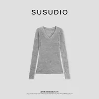  SUSUDIO 马海毛羊毛 极简修身竖坑条V领刺绣猫咪毛衣 50183