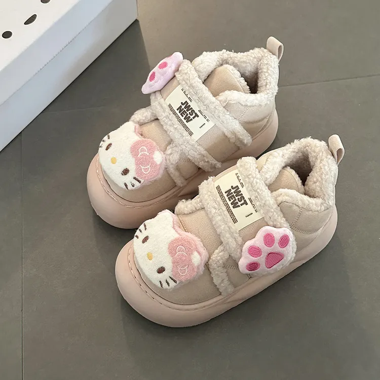 可爱卡通凯蒂猫一字魔术贴加厚保暖厚底雪地靴女2025冬季新款棉鞋
