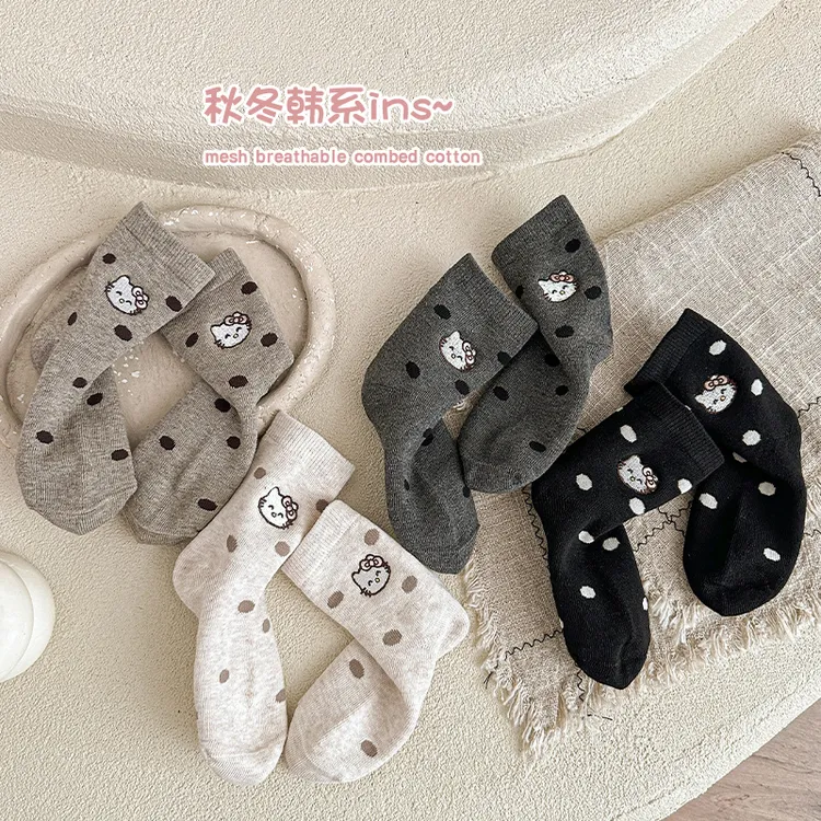 女童袜子冬季加厚保暖韩系刺绣波点猫咪可爱中筒袜儿童秋冬羊毛袜