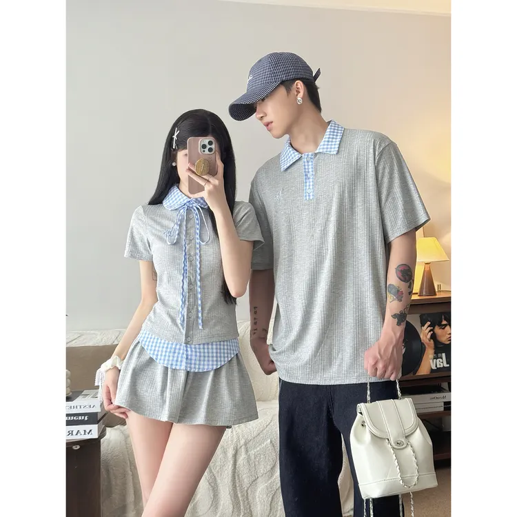 情侣装短袖假两件灰色格子女夏季2025高级感学院风短裙套装男上衣