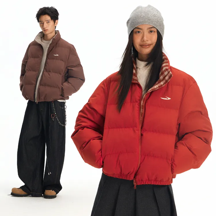 江南先生NewJNXS复古圣诞风立领拼接格子加厚棉服秋冬红色面包服