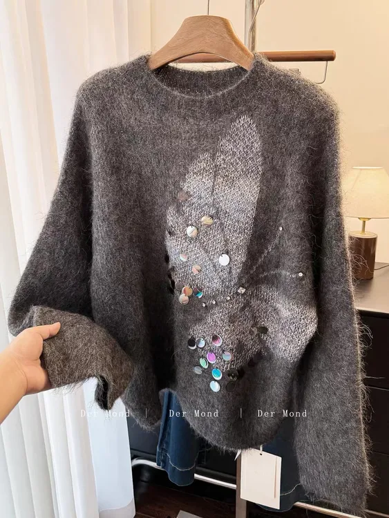 欧货2025冬季新款渐变色亮片圆领加厚软糯显瘦宽松绵羊毛针织衫女