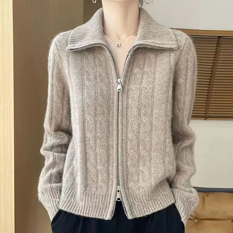 鄂尔斯市纯100羊毛衫女翻领拉链开衫上衣秋冬加厚宽松毛衣打底衫