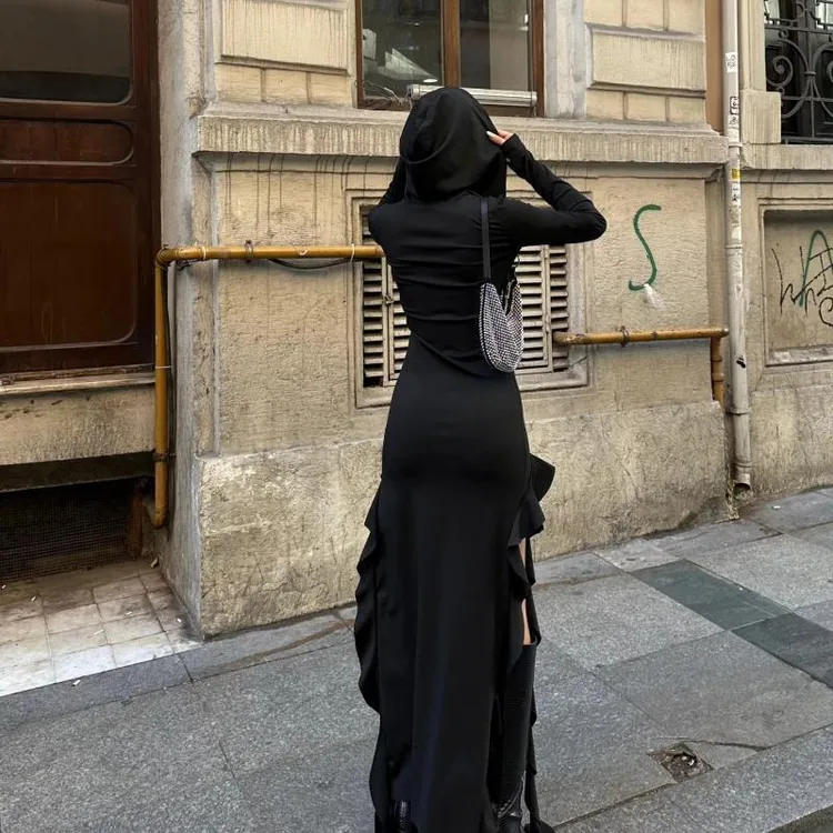 欧美风2024夏季新款爆品荷叶边拼接长袖连帽不规则连衣裙时尚气质